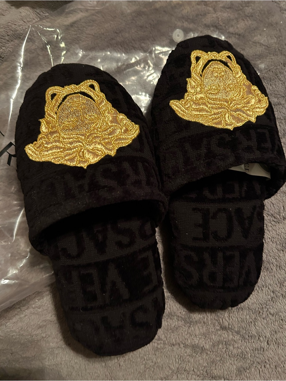 Versace Black Slides with Gold Embroidered Medusa Crest